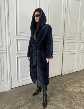 Норковая шуба с капюшоном под пояс - цвет темно-синий