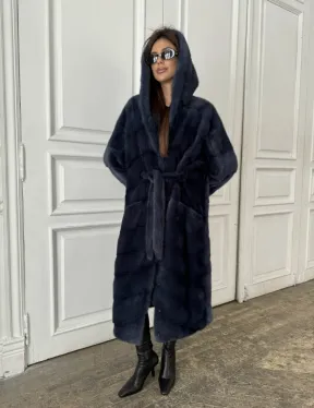 Норковая шуба с капюшоном под пояс - цвет темно-синий