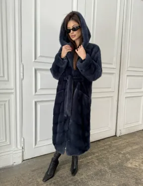 Норковая шуба с капюшоном под пояс - цвет темно-синий