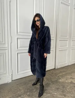 Норковая шуба с капюшоном под пояс - цвет темно-синий