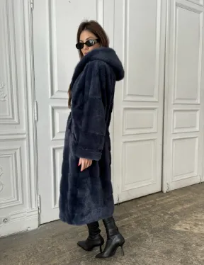 Норковая шуба с капюшоном под пояс - цвет темно-синий