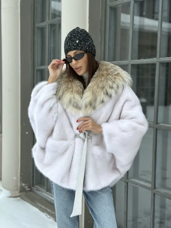 Норка роспуск с капюшоном из меха рыси, летучая мышь - цвет жемчуг