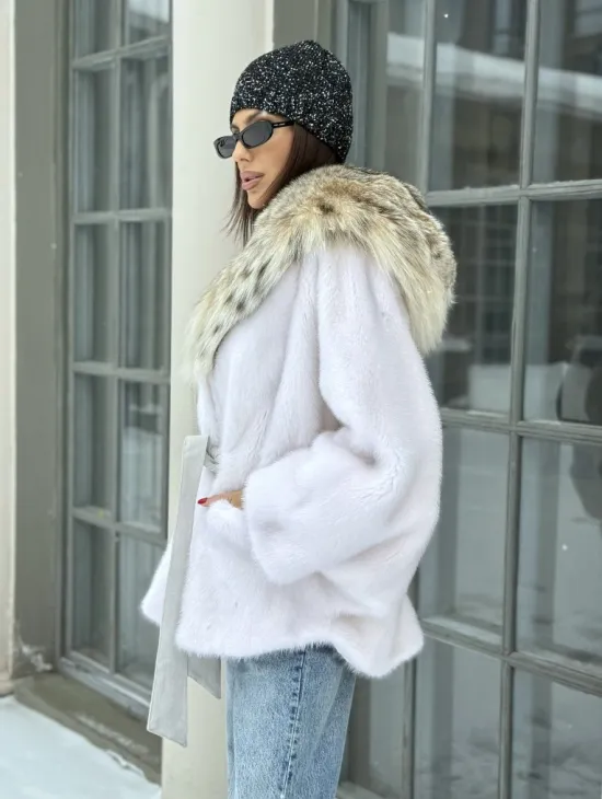 Норка роспуск с капюшоном из меха рыси, летучая мышь - цвет жемчуг