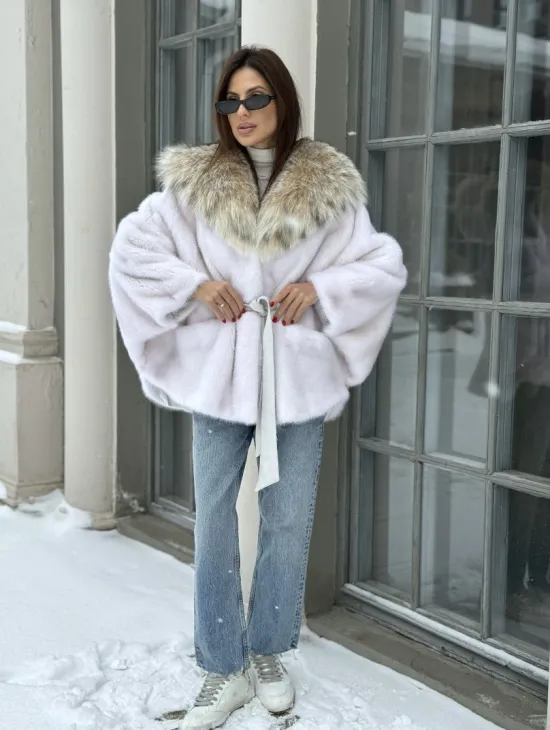 Норка роспуск с капюшоном из меха рыси, летучая мышь - цвет жемчуг