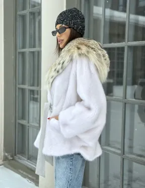 Норка роспуск с капюшоном из меха рыси, летучая мышь - цвет жемчуг