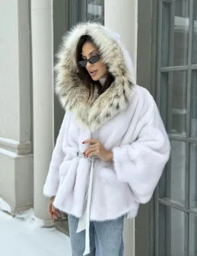 Норка роспуск с капюшоном из меха рыси, летучая мышь - цвет жемчуг