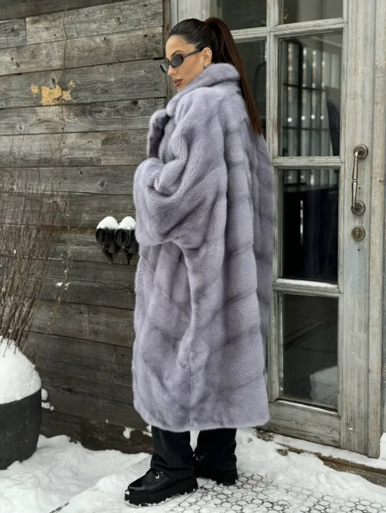 Шуба норковая в стиле Oversize - цвет серый сапфир