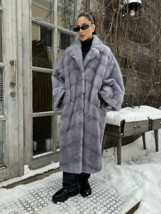 Шуба норковая в стиле Oversize - цвет серый сапфир
