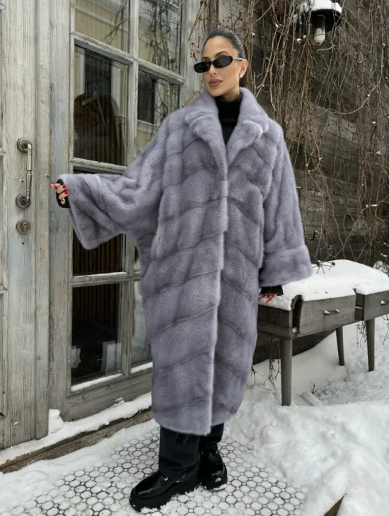 Шуба норковая в стиле Oversize - цвет серый сапфир