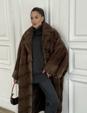 Шуба свободного силуэта из меха норки, английский воротник - цвет орех