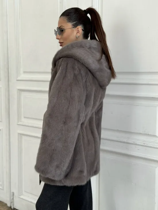 Шуба норковая с капюшоном роспуск - цвет графит