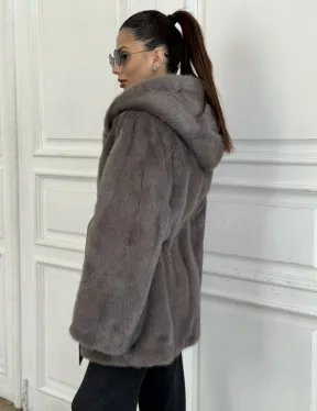 Шуба норковая с капюшоном роспуск - цвет графит