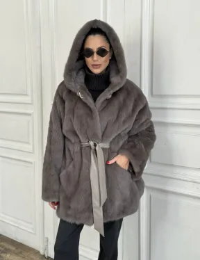 Шуба норковая с капюшоном роспуск - цвет графит