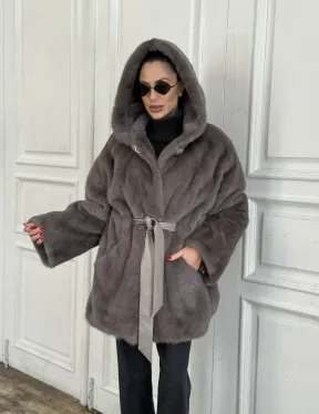 Шуба норковая с капюшоном роспуск - цвет графит