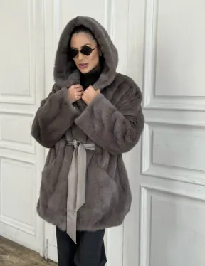 Шуба норковая с капюшоном роспуск - цвет графит