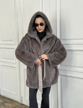 Шуба норковая с капюшоном роспуск - цвет графит