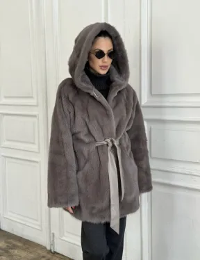 Шуба норковая с капюшоном роспуск - цвет графит