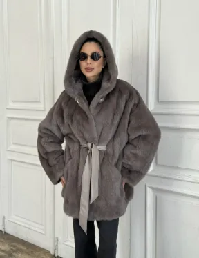 Шуба норковая с капюшоном роспуск - цвет графит