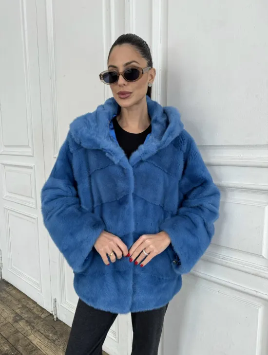 Норковый полушубок с капюшоном, паркет - цвет васильковый