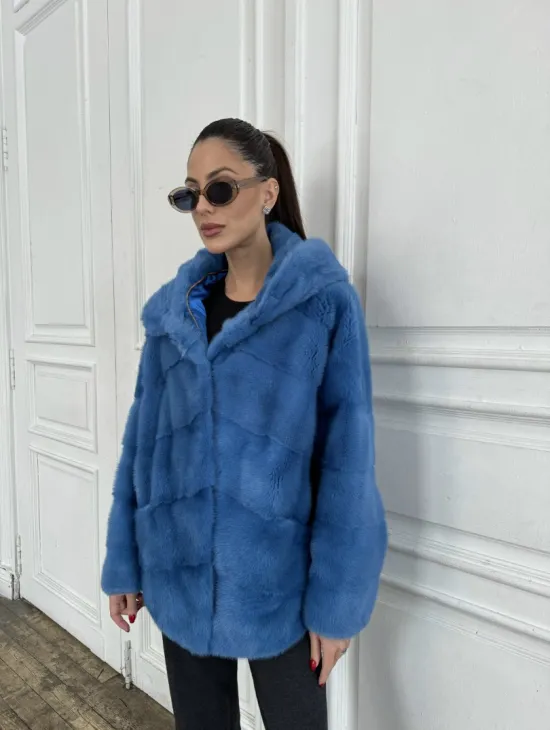 Норковый полушубок с капюшоном, паркет - цвет васильковый