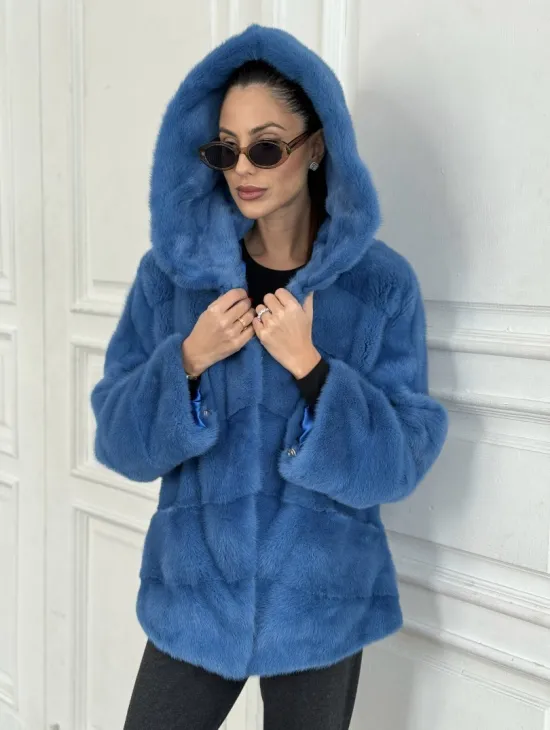 Норковый полушубок с капюшоном, паркет - цвет васильковый