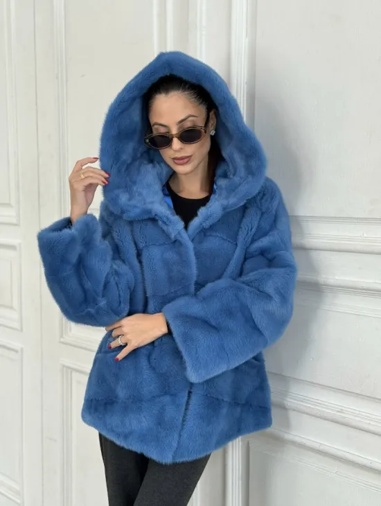 Норковый полушубок с капюшоном, паркет - цвет васильковый