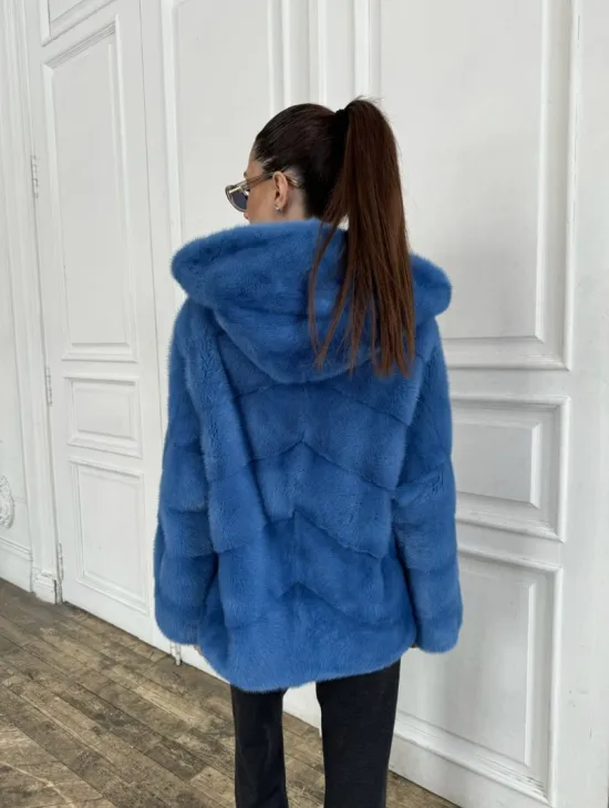Норковый полушубок с капюшоном, паркет - цвет васильковый