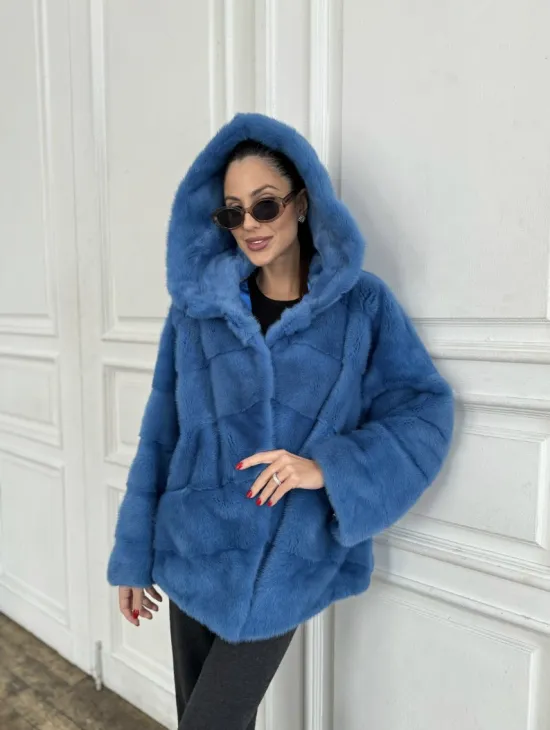 Норковый полушубок с капюшоном, паркет - цвет васильковый