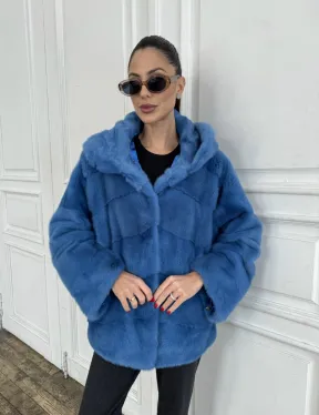 Норковый полушубок с капюшоном, паркет - цвет васильковый