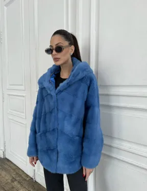 Норковый полушубок с капюшоном, паркет - цвет васильковый