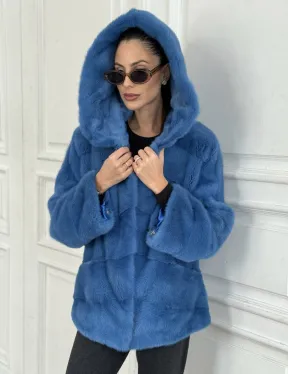 Норковый полушубок с капюшоном, паркет - цвет васильковый
