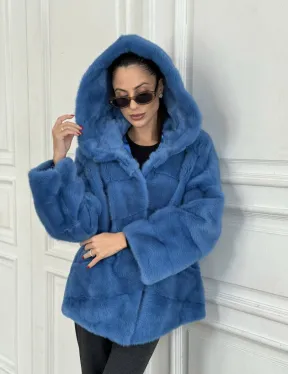 Норковый полушубок с капюшоном, паркет - цвет васильковый