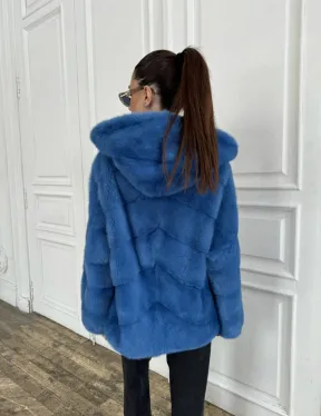 Норковый полушубок с капюшоном, паркет - цвет васильковый