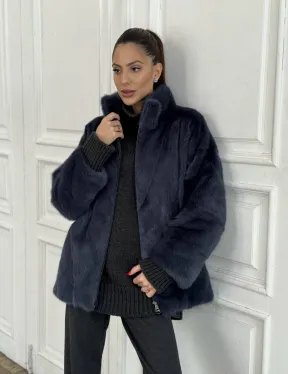 Короткая норковая шуба на молнии, стойка воротник - цвет черника