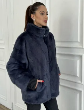 Короткая норковая шуба на молнии, стойка воротник - цвет черника