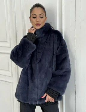 Короткая норковая шуба на молнии, стойка воротник - цвет черника