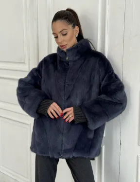 Короткая норковая шуба на молнии, стойка воротник - цвет черника