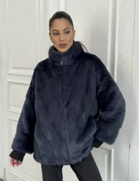 Короткая норковая шуба на молнии, стойка воротник - цвет черника