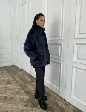 Короткая норковая шуба на молнии, стойка воротник - цвет черника