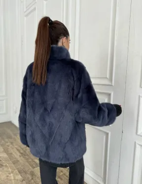 Короткая норковая шуба на молнии, стойка воротник - цвет черника