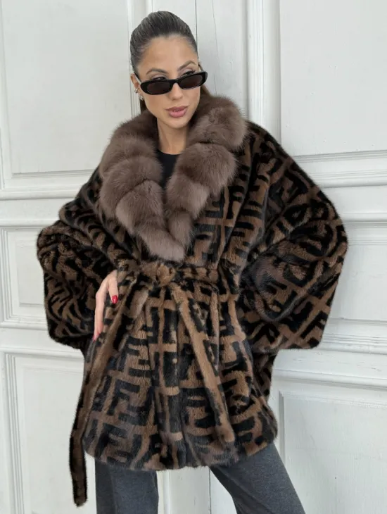 Норка летучая мышь воротник из меха куницы, принт - цвет соболь