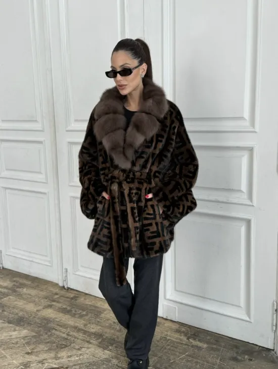 Норка летучая мышь воротник из меха куницы, принт - цвет соболь