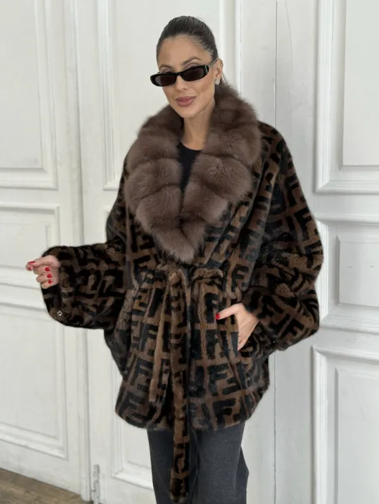 Норка летучая мышь воротник из меха куницы, принт - цвет соболь