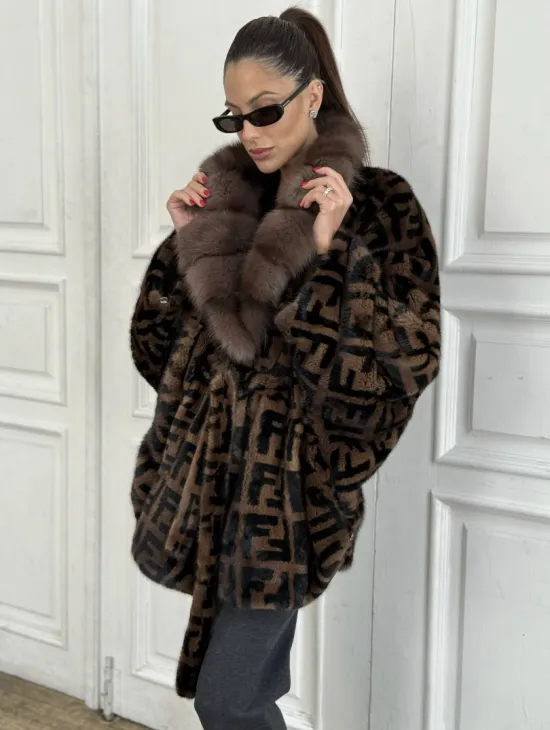 Норка летучая мышь воротник из меха куницы, принт - цвет соболь