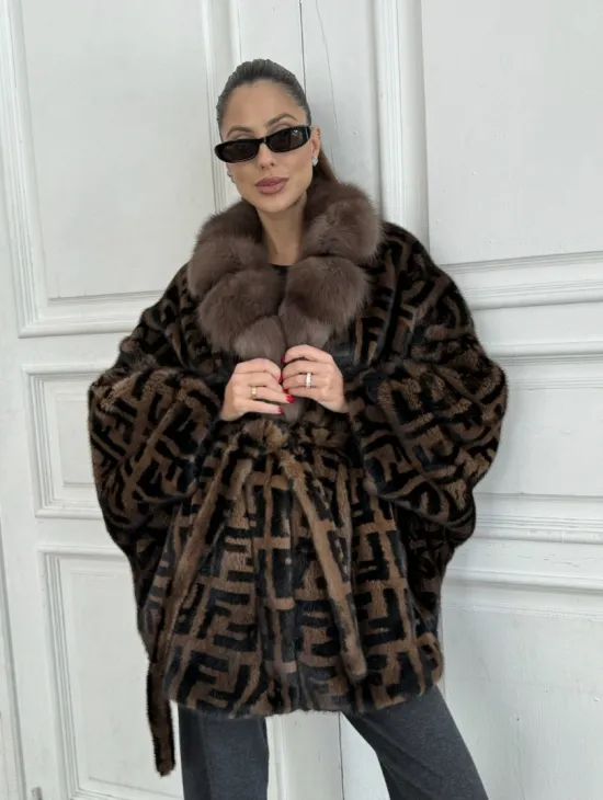 Норка летучая мышь воротник из меха куницы, принт - цвет соболь