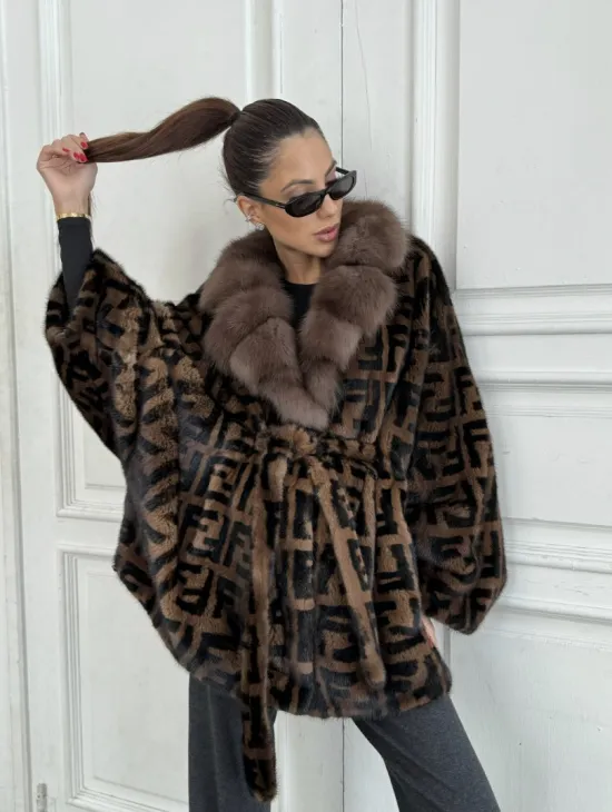 Норка летучая мышь воротник из меха куницы, принт - цвет соболь