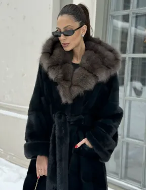 Шуба - кимоно мех аукционная норка с капюшоном куница - цвет черный изумруд