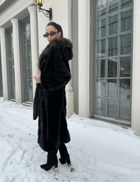 Шуба - кимоно мех аукционная норка с капюшоном куница - цвет черный изумруд