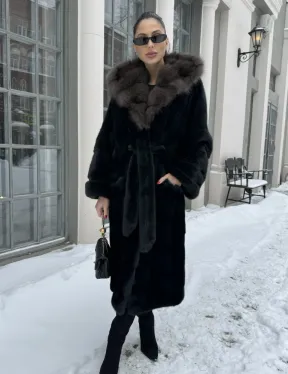 Шуба - кимоно мех аукционная норка с капюшоном куница - цвет черный изумруд