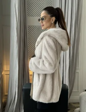 Норковая шуба с капюшоном под пояс - цвет пудра